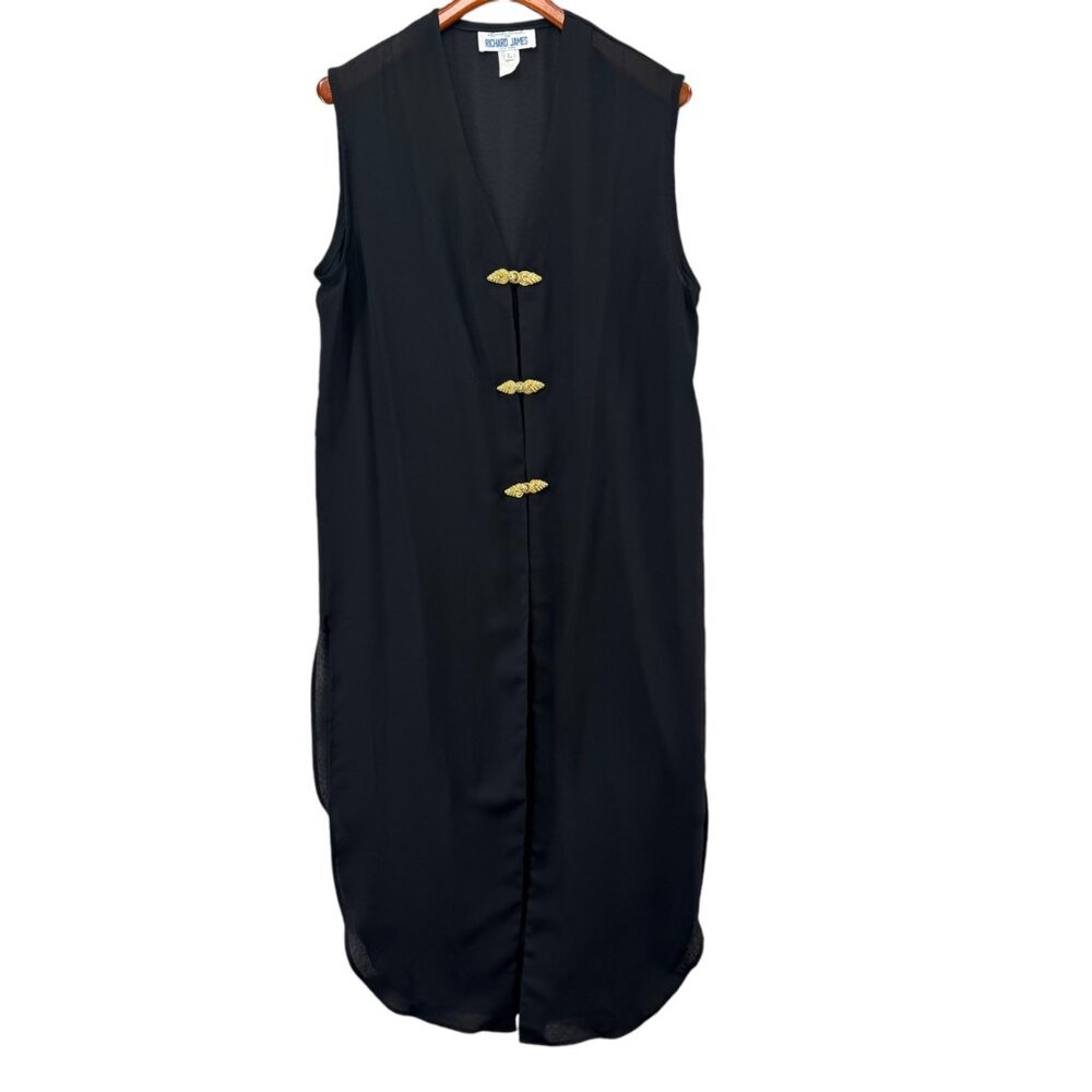Vtg Linda Bach Richard James Maxi Dress Solid Black Gold Button Sleeveless Sz L